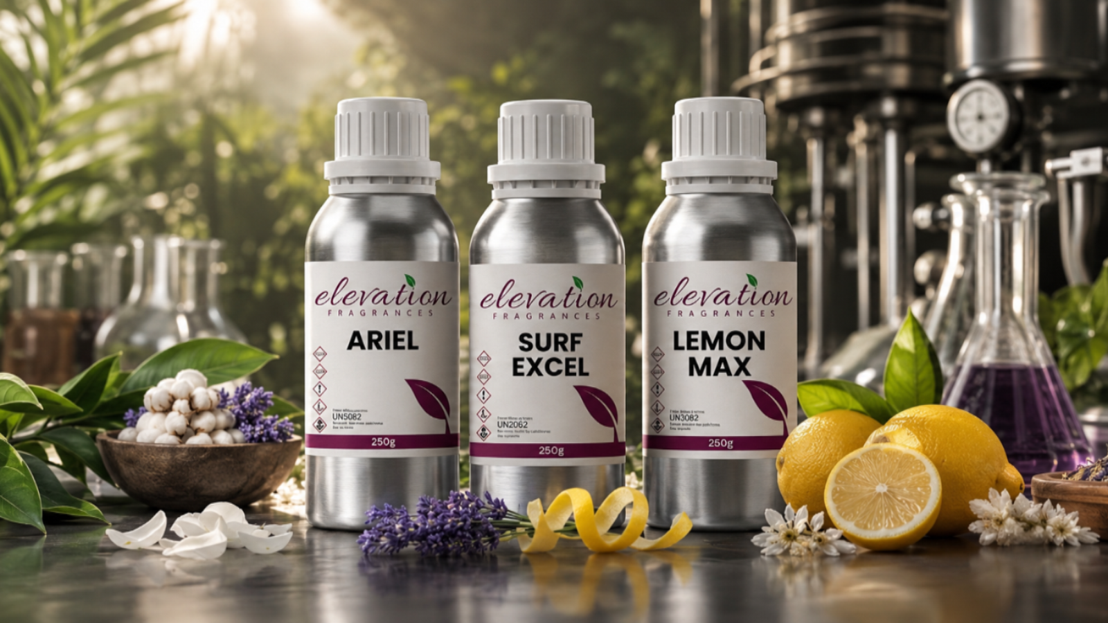 Three bottles of 'elevation' products on a table with lemons and flowers.